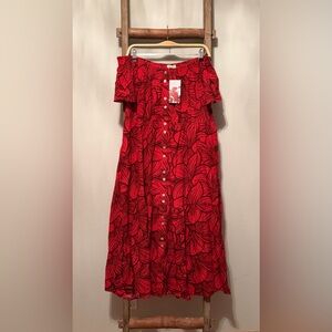 Tanoa Red Tropical Off-shoulder Dress with Shell Button Details
